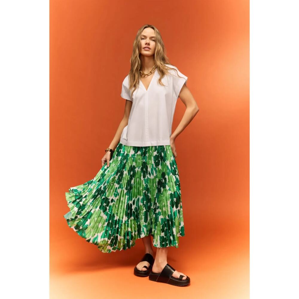 PLAN C Green Pleated Cotton Blend Maxi Dress Abstract Satin, Size XS, Rt. $470